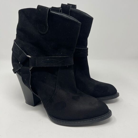 JustFab Raney Western Bootie Black Faux Suede Heeled Pull On Women’s Size 7 - Picture 1 of 10